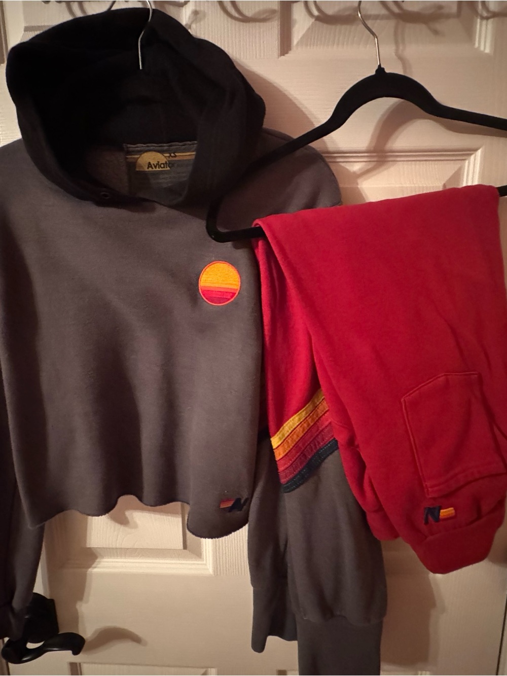 Aviator Nation SET Red & Gray Crop Hoodie (XS) Sweatpants (M) w/classic Stripe